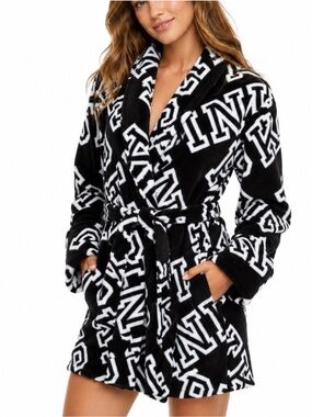 Victoria's Secret PINK Robe Black White Logo Soft Comfy Fleece Short Women XS/S